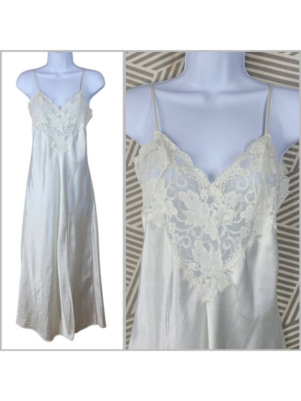 Vintage Victoria's Secret Bridal White Satin Sheer Lace Nightgown Medium Long